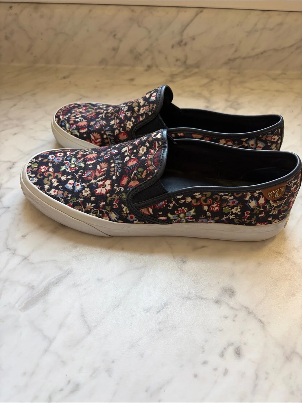 Tory Burch Floral Canvas Navy Blue Slip On Sneakers size 9M